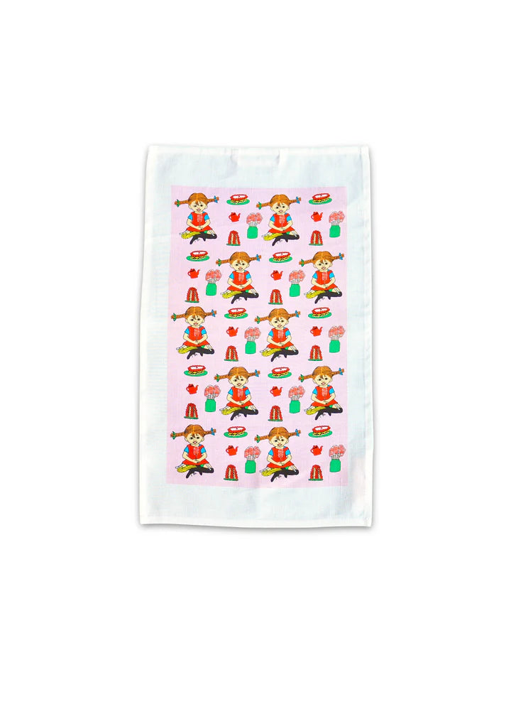 Kitchen towel / tea towel 70x50 'Pippi kalas-mönster rosa'