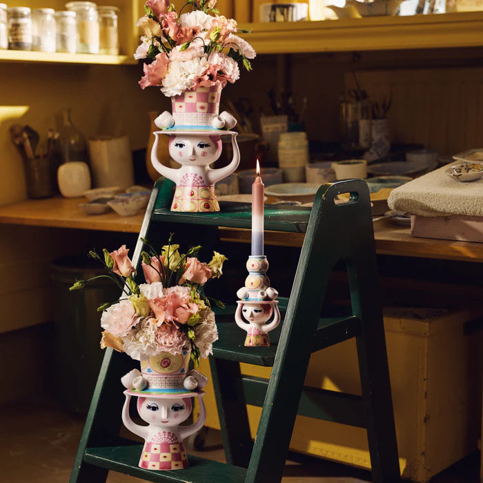 Lady with Hat Vase - H8.1" pink/yellow