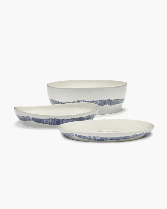 Serving Bowl 30cm Small White Stripes Blue Feast