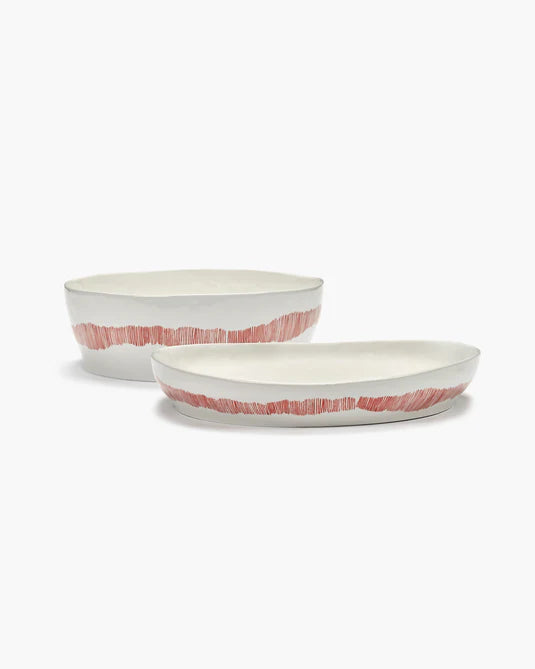 Serving Bowl 36cm Medium White Stripes Red Feast