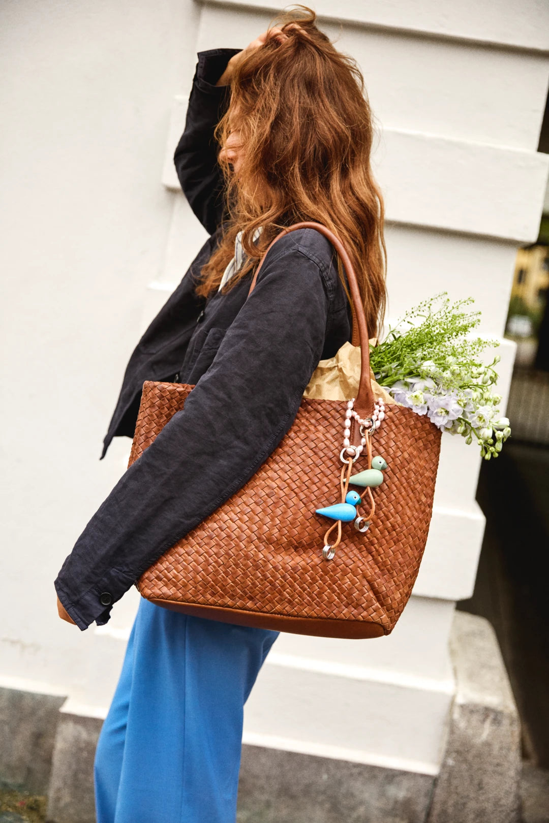 Kay Bojesen Bird silver Keychain with Natural Leather, blue