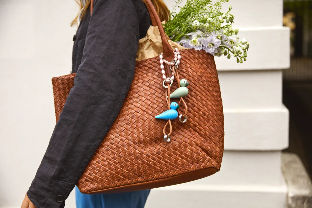 Kay Bojesen Bird silver Keychain with Natural Leather, blue