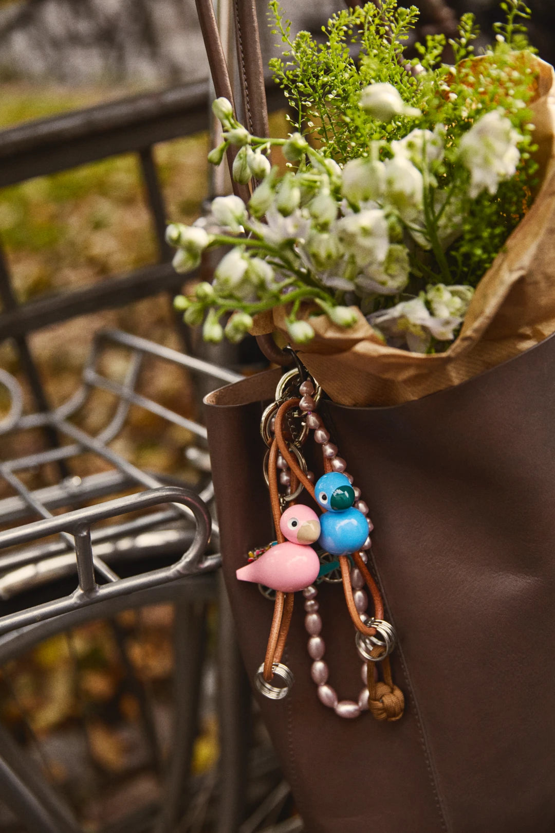 Kay Bojesen Bird silver Keychain with Natural Leather, blue