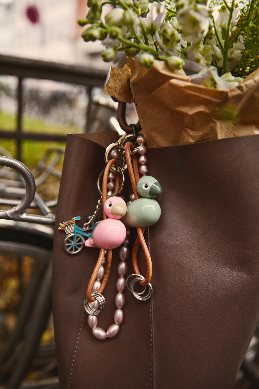 Kay Bojesen Bird silver Keychain with Natural Leather, green