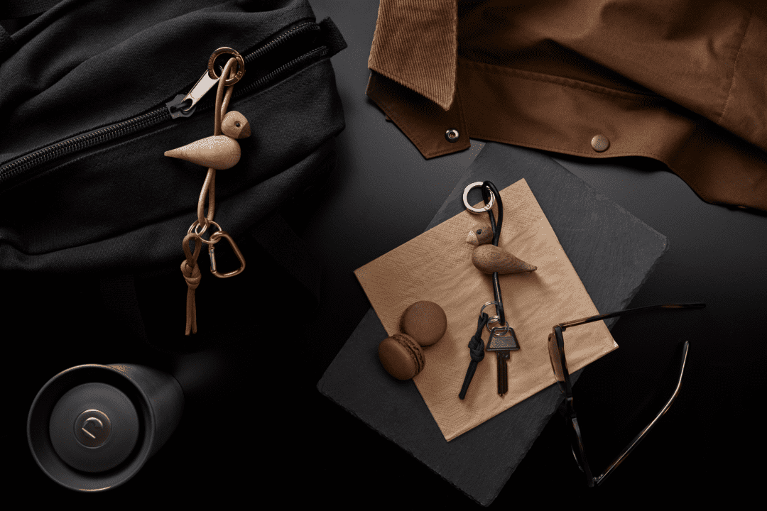 Kay Bojesen Bird Keychain, Gold/Natural Leather