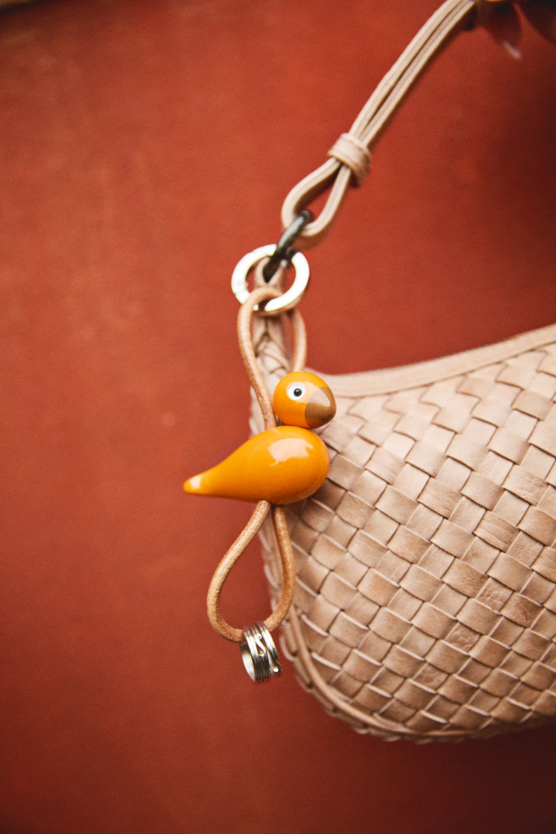 Kay Bojesen Bird silver Keychain with Natural Leather, orange