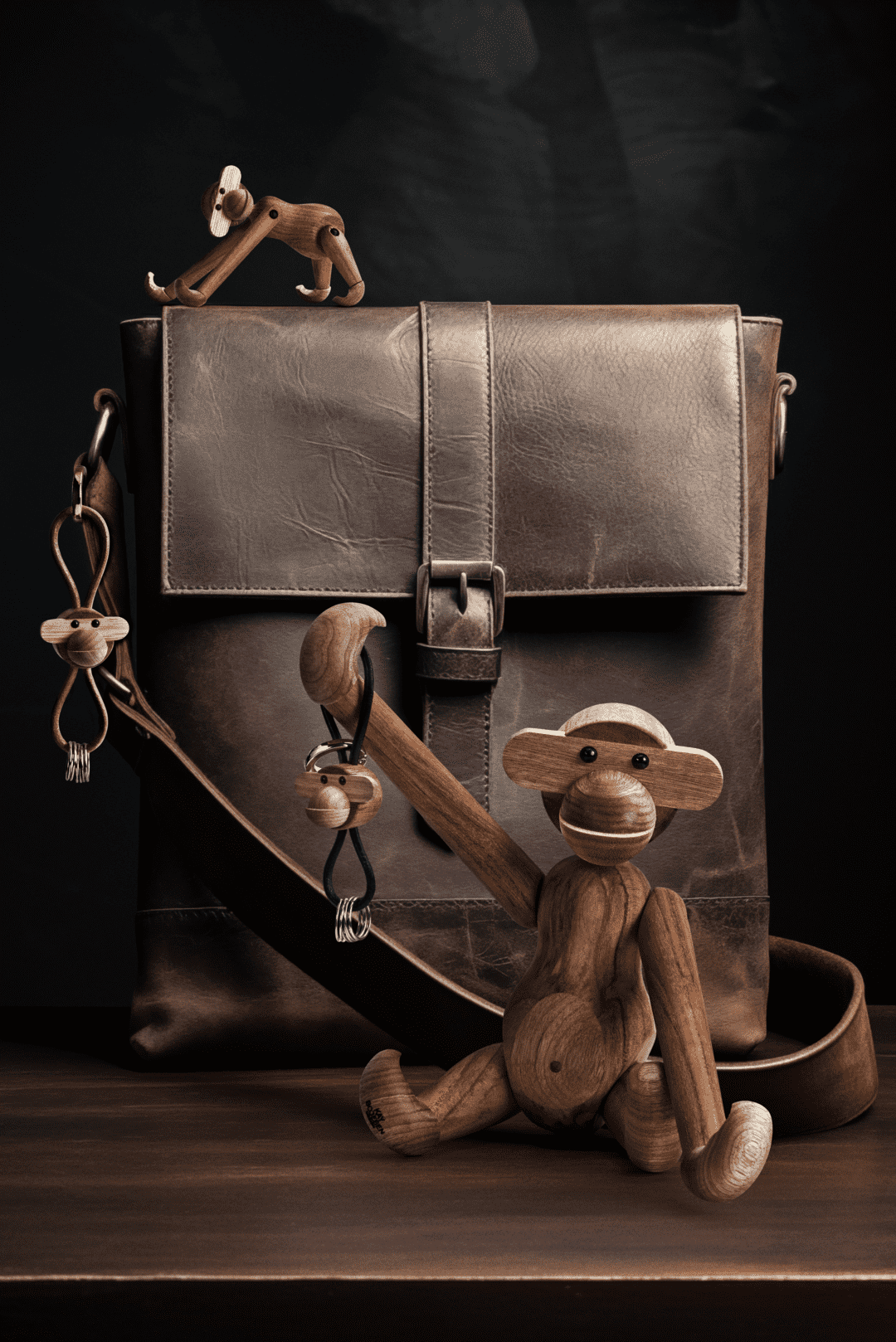Kay Bojesen Monkey Keychain, Silver/Black Leather