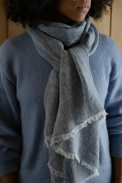 LEMPI linen scarf 35x200cm+fringes 1/melange blue