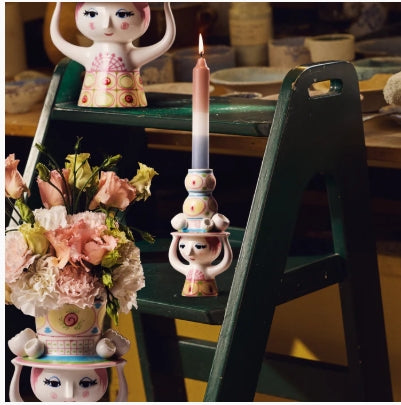 Lady with Hat Candle Holder - H6.3" pink/yellow