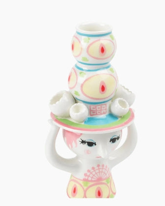 Lady with Hat Candle Holder - H6.3" pink/yellow