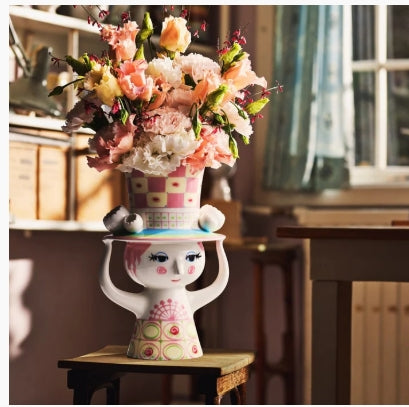 Lady with Hat Vase - H9.6" pink/yellow