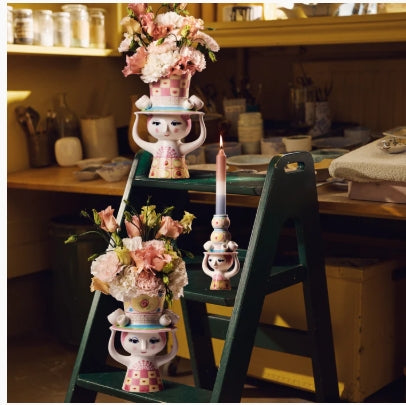 Lady with Hat Vase - H9.6" pink/yellow