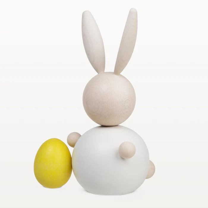 Rabbit Easter egg wooden figurine, 16 cm, white and yellow — Studio Pazo