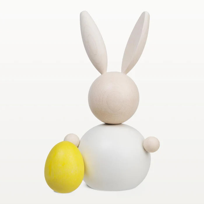 Rabbit Easter egg wooden figurine, 16 cm, white and yellow — Studio Pazo