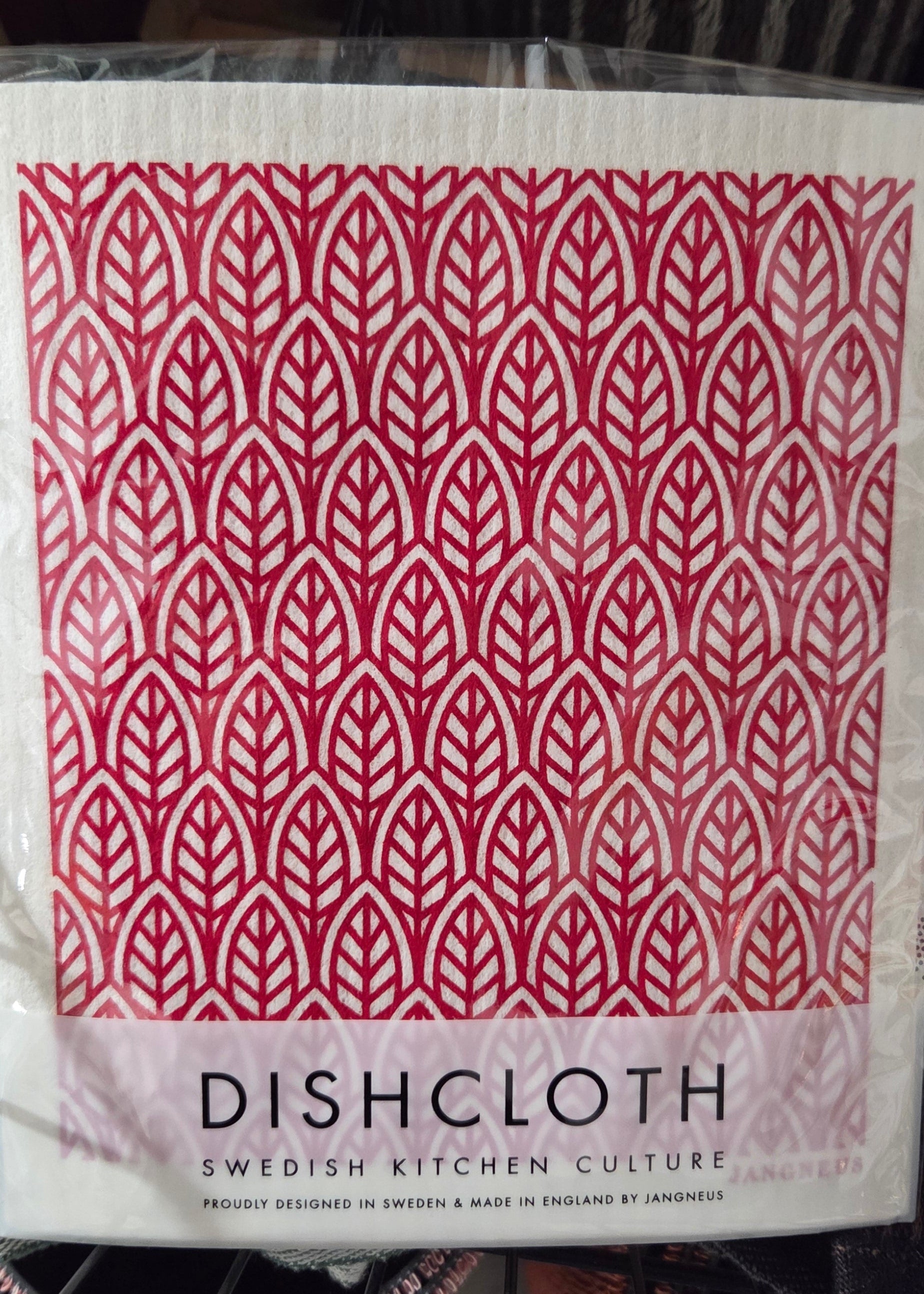 Dishcloth with red pattern on a white background