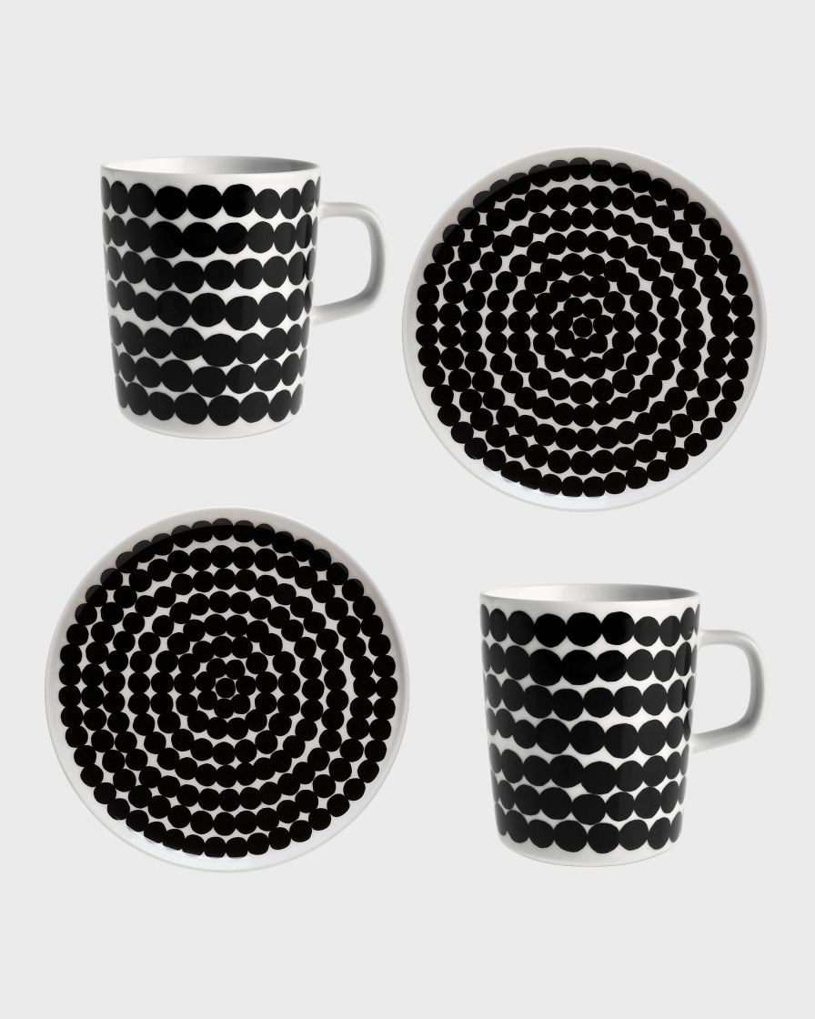 Oiva / Räsymatto mug and plate set white black