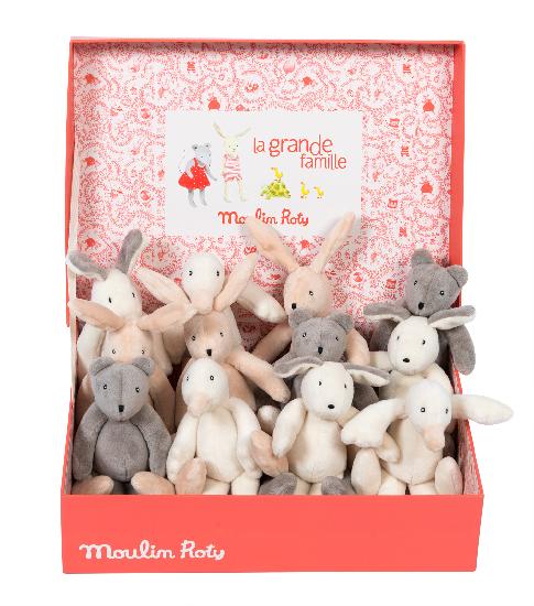 Grande Famille - soft toy, mini  By Moulin Roty (Sylvain the rabbit, Jeanne the duck and Julius the dog)