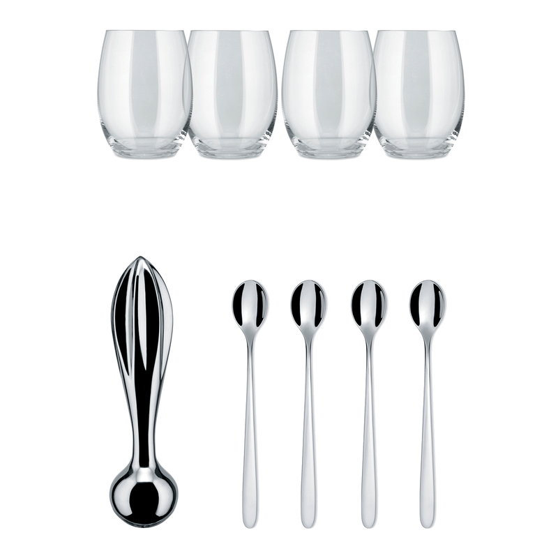 GV33SET The Player Set : citrus-squeezer/pestle, 4 long drink spoons, 4 drink tumblers glass.