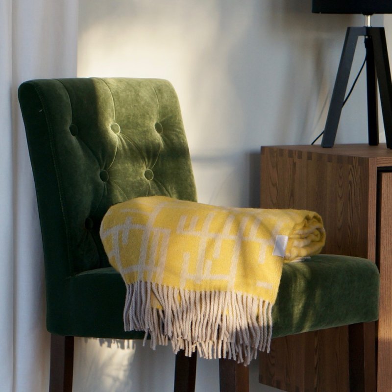 Blanket wool 130x170cm - Pickepin +fringe light olive/ yellow
