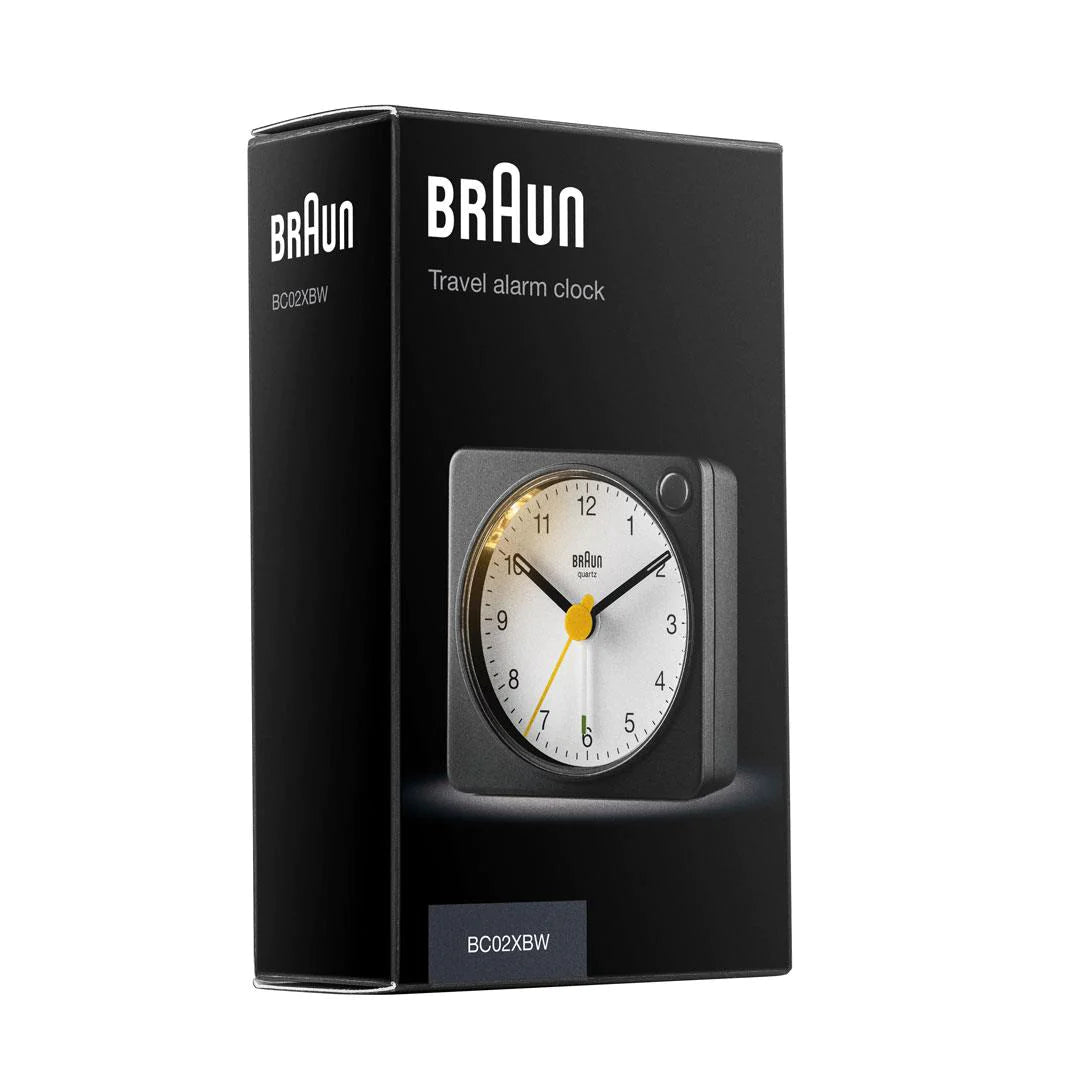 BC02XBW Braun Classic Analogue Travel Alarm Clock - Black & White